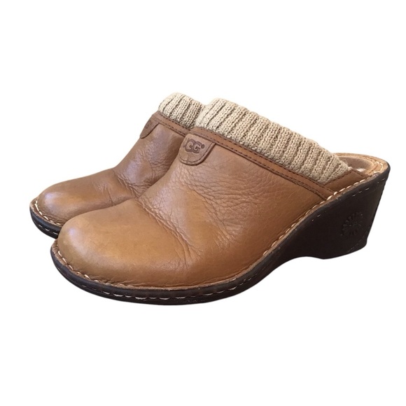 UGG Gael Chestnut Brown Leather Wedge Clogs Size 7 - Picture 1 of 6